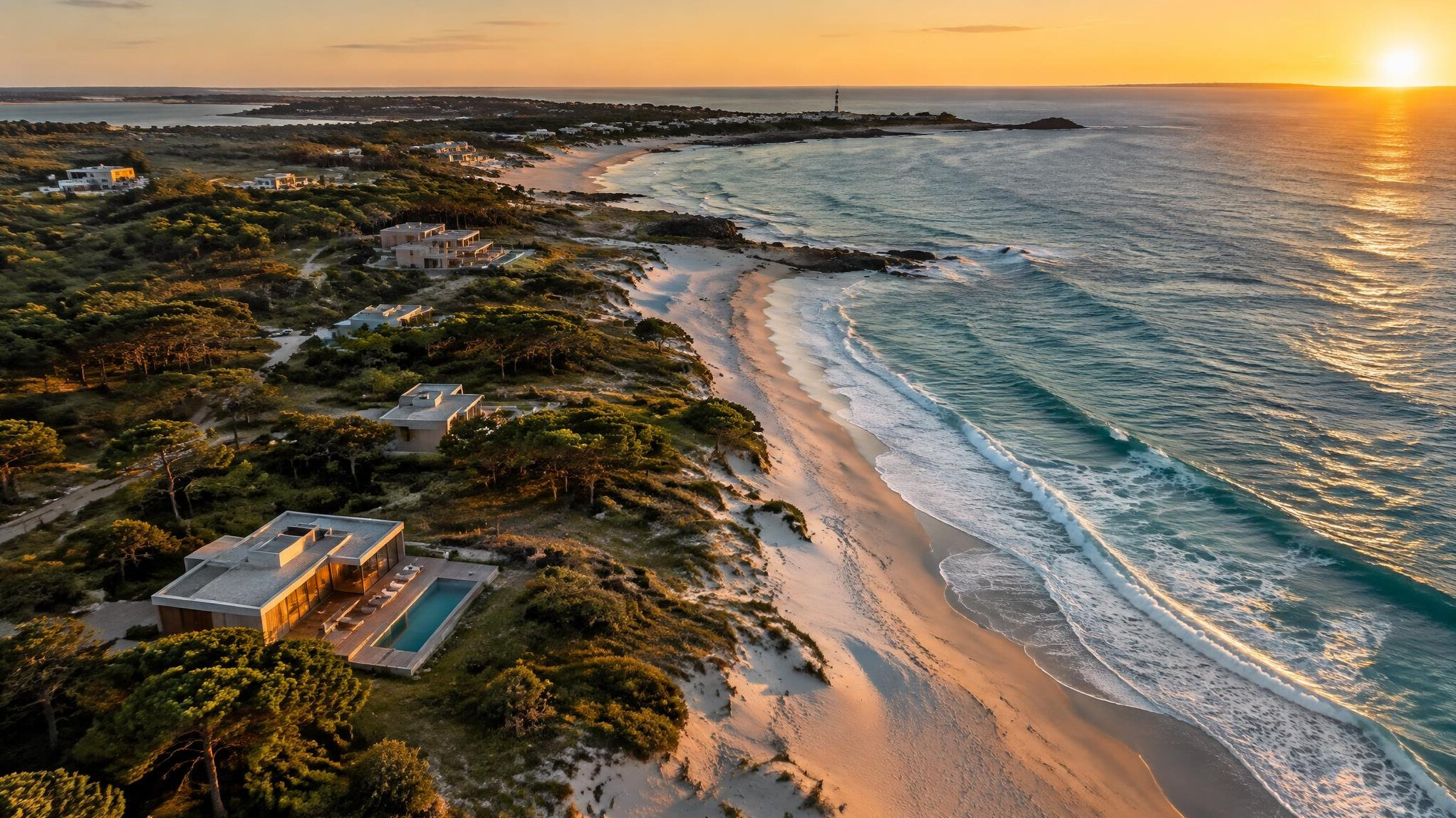 Aerial view of José Ignacio coastline at golden hour