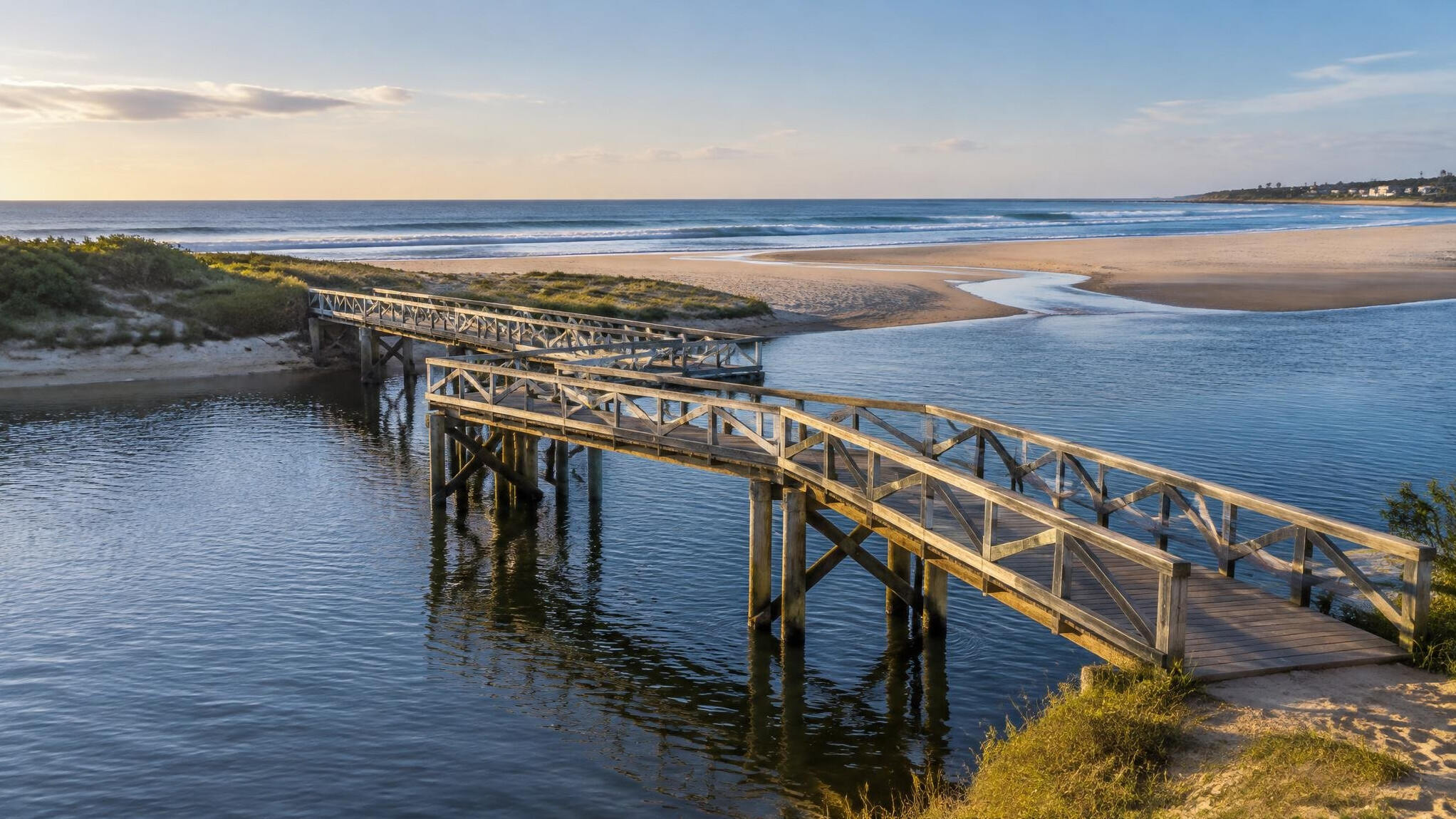 Wooden bridge over La Barra river with beach view