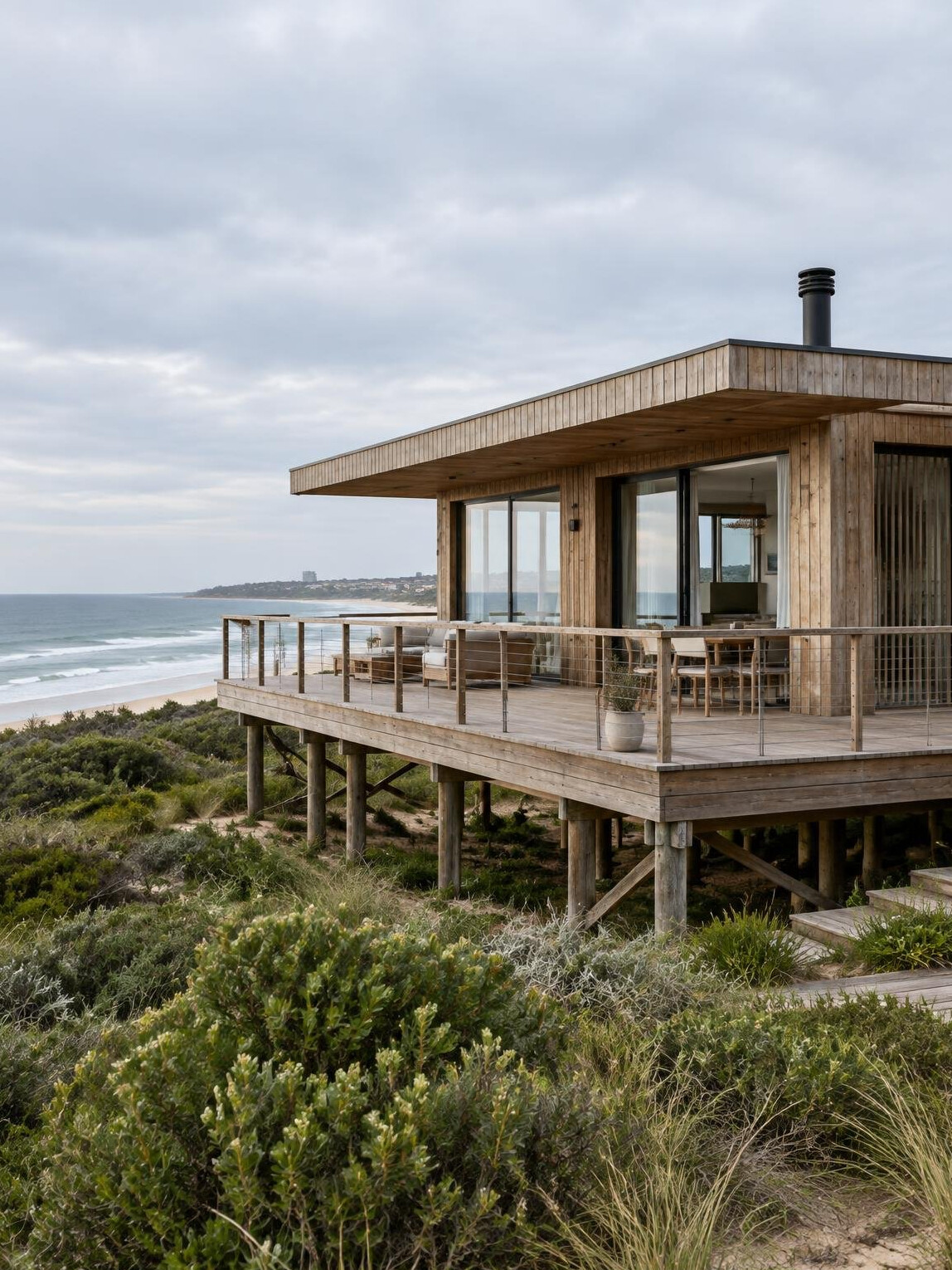 Elevated timber beach house with ocean view terrace
